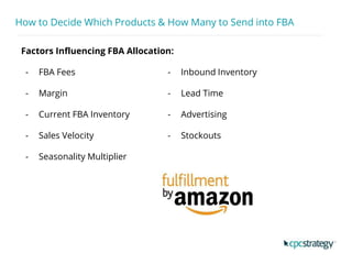 How to Decide Which Products & How Many to Send into FBA
Factors Influencing FBA Allocation:
- FBA Fees
- Margin
- Current FBA Inventory
- Sales Velocity
- Seasonality Multiplier
- Inbound Inventory
- Lead Time
- Advertising
- Stockouts
 