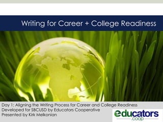Writing for Career + College Readiness




Day 1: Aligning the Writing Process for Career and College Readiness
Developed for SBCUSD by Educators Cooperative
Presented by Kirk Melkonian
 