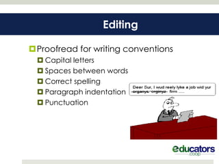 Editing

Proofread for writing conventions
  Capital letters
  Spaces between words
  Correct spelling
  Paragraph indentation
  Punctuation
 