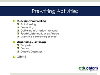 Prewriting Activities
 Thinking about writing
     Brainstorming
     Free writing
     Gathering information / research
     Reading/listening to a text/media
     Discussing a shared experience

 Organizing / outlining
   Templates
   Frames
   Graphic Organizers

 Other?
 