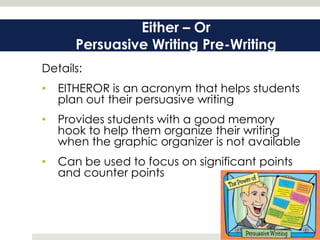 Either – Or
       Persuasive Writing Pre-Writing
Details:
•   EITHEROR is an acronym that helps students
    plan out their persuasive writing
•   Provides students with a good memory
    hook to help them organize their writing
    when the graphic organizer is not available
•   Can be used to focus on significant points
    and counter points
 