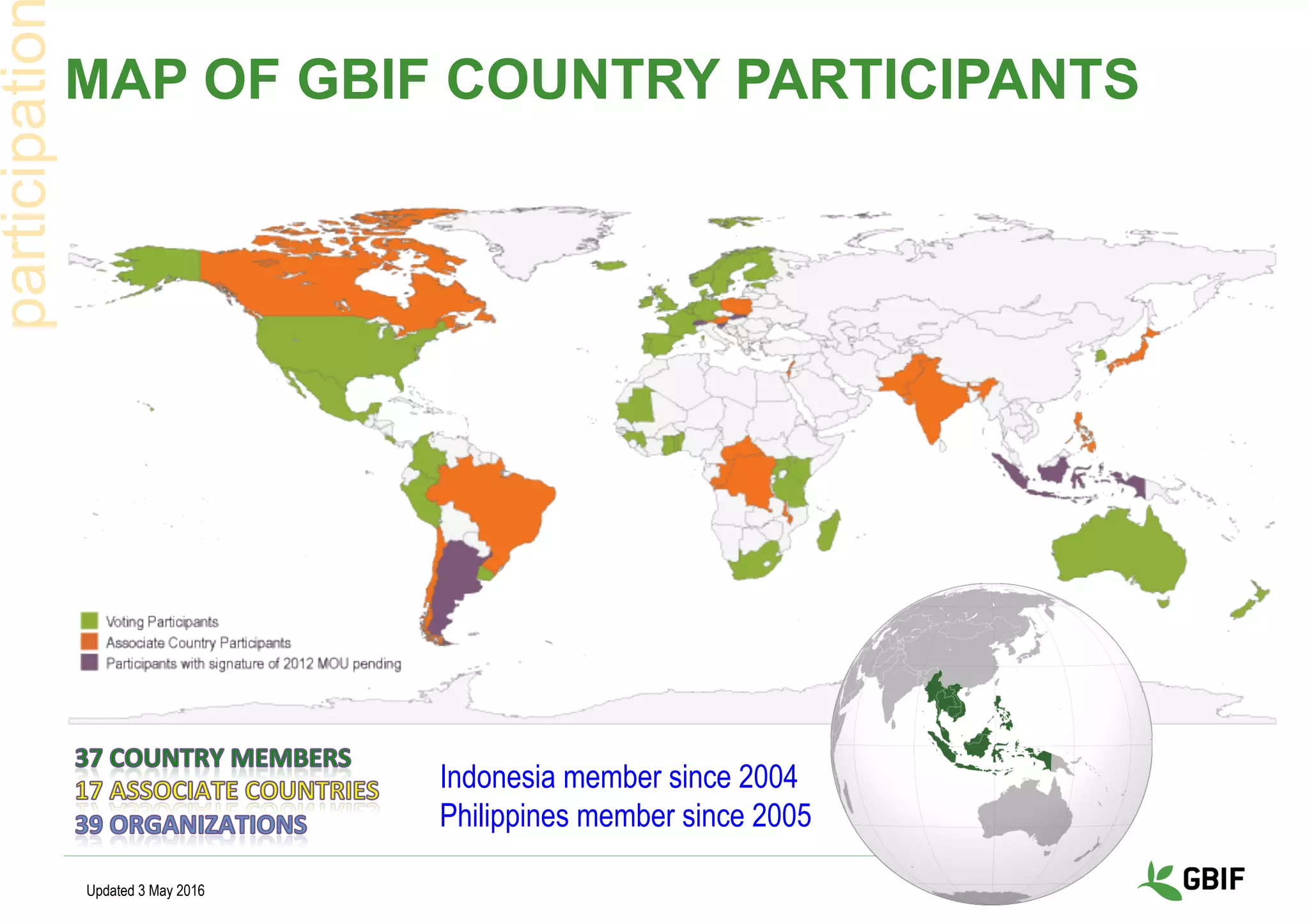 MAP OF GBIF COUNTRY PARTICIPANTS
Updated 3 May 2016
participatio
Indonesia member since 2004
Philippines member since 2005
 