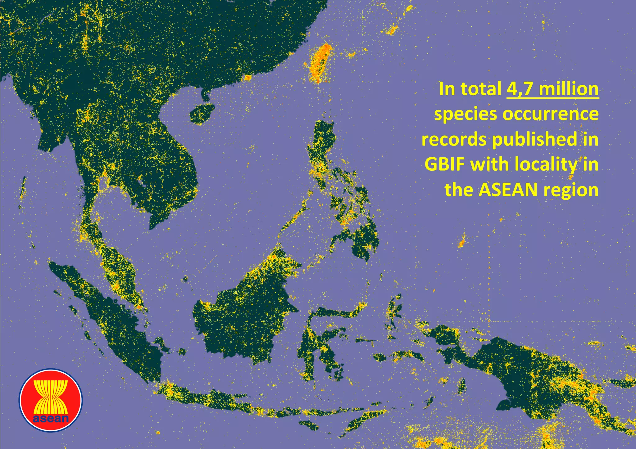 In	total	4,7	million	
species	occurrence	
records	published	in	
GBIF	with	locality	in	
the	ASEAN	region	
 