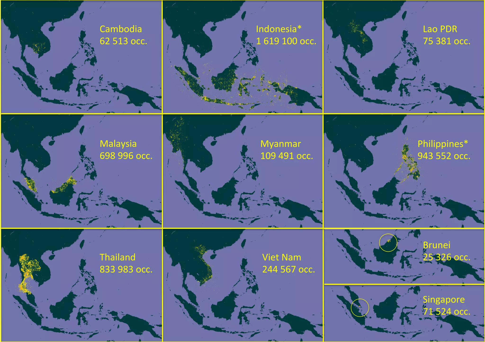 Cambodia	
62	513	occ.	
Indonesia*	
1	619	100	occ.	
Lao	PDR	
75	381	occ.	
Malaysia	
698	996	occ.	
Myanmar	
109	491	occ.	
Philippines*	
943	552	occ.	
Thailand	
833	983	occ.	
Viet	Nam	
244	567	occ.	
Singapore	
71	524	occ.	
Brunei	
25	326	occ.	
 