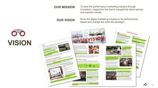 VISION
Drive the digital marketing industry to be performance-
based and change the work-life paradigm
To lead the performance marketing industry through
innovation, respect for the brand, exceptional client service
and superior results.
OUR VISION
OUR MISSION
 