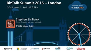 tSponsors
Stephen Siciliano
Senior Program Manager, Microsoft
Inside Logic Apps
BizTalk Summit 2015 – London
ExCeL London | April 13th & 14th
 