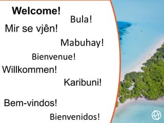 Welcome!
Mir se vjên!
Mabuhay!
Willkommen!
Bem-vindos!
Karibuni!
Bula!
Bienvenidos!
Bienvenue!
 
