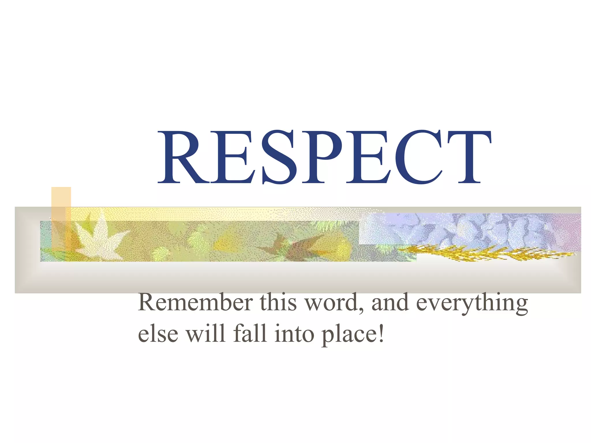 RESPECT
Remember this word, and everything
else will fall into place!
 