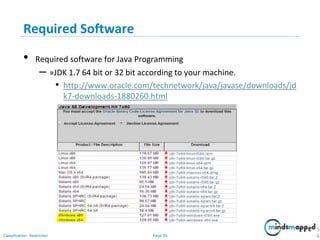 Page 56Classification: Restricted
Required Software
• Required software for Java Programming
– »JDK 1.7 64 bit or 32 bit according to your machine.
• http://www.oracle.com/technetwork/java/javase/downloads/jd
k7-downloads-1880260.html
5
6
 