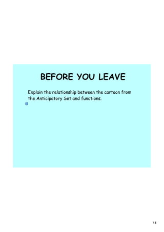 BEFORE YOU LEAVE
Explain the relationship between the cartoon from
the Anticipatory Set and functions.




                                                    11
 