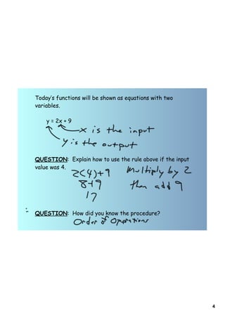 Today‛s functions will be shown as equations with two
variables.

    y = 2x + 9




QUESTION: Explain how to use the rule above if the input
value was 4.




QUESTION: How did you know the procedure?




                                                           4
 