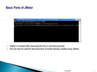  JMeter is invoked after executing this line in command prompt.
 Ant can only be used for test execution of scripts already created using JMeter.
Confidential 7
 