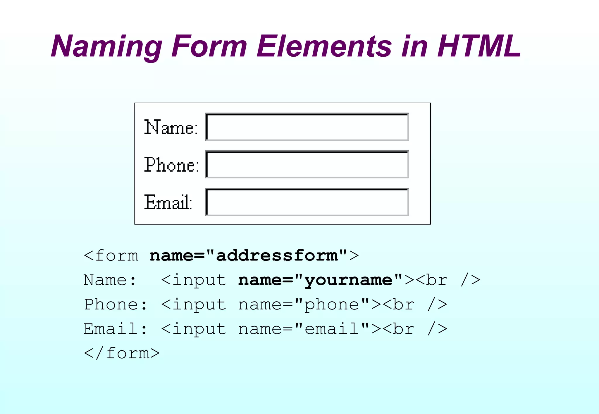 Naming Form Elements in HTML




 <form name="addressform">
 Name: <input name="yourname"><br />
 Phone: <input name="phone"><br />
 Email: <input name="email"><br />
 </form>
 
