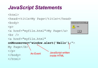 JavaScript Statements
<html>
<head><title>My Page</title></head>
<body>
<p>
<a href="myfile.html">My Page</a>
<br />
<a href="myfile.html"
onMouseover="window.alert('Hello');">
My Page</A>
</p>
            An Event   JavaScript written
</body>                inside HTML
</html>
 