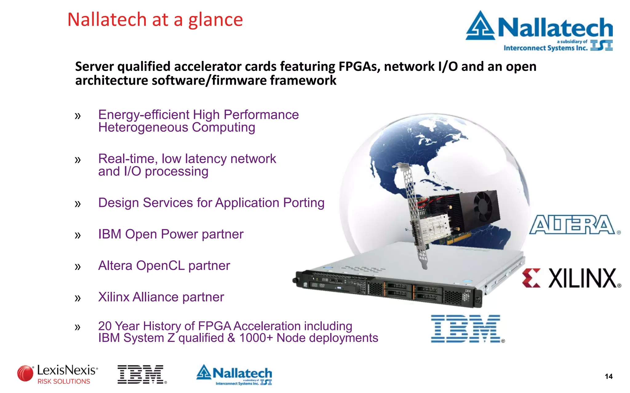 Nallatech at a glance
Server qualified accelerator cards featuring FPGAs, network I/O and an open
architecture software/firmware framework
» Energy-efficient High Performance
Heterogeneous Computing
» Real-time, low latency network
and I/O processing
» Design Services for Application Porting
» IBM Open Power partner
» Altera OpenCL partner
» Xilinx Alliance partner
» 20 Year History of FPGA Acceleration including
IBM System Z qualified & 1000+ Node deployments
14
 