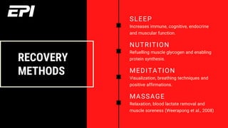 SLEEP
Increases immune, cognitive, endocrine
and muscular function.
NUTRITION
Refuelling muscle glycogen and enabling
protein synthesis.
MEDITATION
Visualization, breathing techniques and
positive affirmations.
MASSAGE
Relaxation, blood lactate removal and
muscle soreness (Weerapong et al., 2008)
RECOVERY
METHODS
 