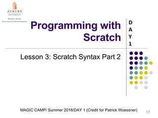 MAGIC CAMP/ Summer 2018/DAY 1 (Credit for Patrick Woessner)
Programming with
Scratch
Lesson 3: Scratch Syntax Part 2
D
A
Y
1
17
 