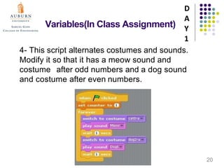 Variables(In Class Assignment)
D
A
Y
1
20
4- This script alternates costumes and sounds.
Modify it so that it has a meow sound and
costume after odd numbers and a dog sound
and costume after even numbers.
 
