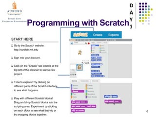 Programming with Scratch
START HERE
❑ Go to the Scratch website:
http://scratch.mit.edu
❑ Sign into your account.
❑ Click on the “Create” tab located at the
top left of the browser to start a new
project.
❑ Time to explore! Try clicking on
different parts of the Scratch interface
to see what happens.
❑ Play with different Scratch blocks!
Drag and drop Scratch blocks into the
scripting area. Experiment by clicking
on each block to see what they do or
try snapping blocks together.
D
A
Y
1
4
 