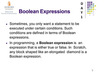 Boolean Expressions
● Sometimes, you only want a statement to be
executed under certain conditions. Such
conditions are defined in terms of Boolean
expressions.
● In programming, a Boolean expression is an
expression that is either true or false. In Scratch,
any block shaped like an elongated diamond is a
Boolean expression.
D
A
Y
1
9
 