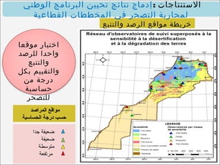 ‫والتتبع‬ ‫الرصد‬ ‫مواقع‬ ‫خريطة‬
‫والتقييم‬
‫الستنتاجات‬:‫الوطني‬ ‫البرنامج‬ ‫تحيين‬ ‫نتائج‬ ‫إدماج‬
‫القطاعية‬ ‫المخططات‬ ‫في‬ ‫التصحر‬ ‫لمحاربة‬
‫المراصد‬ ‫مواقع‬
‫الحساسية‬ ‫درجة‬ ‫حسب‬
‫جدا‬ ‫ضعيفة‬
‫ضعيفة‬
‫متوسطة‬
‫مرتفعة‬
‫اختيار‬‫موقعا‬
‫للرصد‬ ‫واحدا‬
‫والتتبع‬
‫بكل‬ ‫والتقييم‬
‫من‬ ‫درجة‬
‫حساسية‬
‫للتصحر‬
 