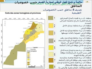 ‫المتجانسة‬ ‫اليكولوجية‬ ‫المناطق‬ ‫تحديد‬
‫تصنيف‬8‫الخصوصيات‬ ‫حسب‬ ‫مناطق‬
‫الطبيعية‬
1234567
‫الصحراوي‬ ‫بالمناخ‬ ‫هشة‬ ‫تربة‬ ‫ذات‬ ‫منطقة‬
‫للمراعي‬ ‫مخصصة‬ ‫بالرياح‬ ‫للتعرية‬ ‫معرضة‬
.‫الممتدة‬
‫قاحل‬ ‫مناخ‬ ‫و‬ ‫مختلفة‬ ‫تربة‬ ‫ذات‬ ‫منطقة‬
‫للرعي‬ ‫مؤهلة‬
‫م‬‫قاحل‬ ‫شبه‬ ‫ومناخ‬ ‫مختلفة‬ ‫تربة‬ ‫ذات‬ ‫نطقة‬
‫تتوسطها‬ ‫بالغابة‬ ‫خصوصا‬ ‫للرعي‬ ‫مؤهلة‬
‫مكثفة‬ ‫زراعات‬
‫م‬‫رطب‬ ‫شبه‬ ‫ومناخ‬ ‫مختلفة‬ ‫تربة‬ ‫ذات‬ ‫نطقة‬
.‫المندمجة‬ ‫الرعوية‬ ‫للتهيئة‬ ‫قابلية‬ ‫ذات‬ ‫مؤهلة‬
‫عميقة‬ ‫الى‬ ‫العمق‬ ‫قليلة‬ ‫تربة‬ ‫ذات‬ ‫منطقة‬
‫المكثفة‬ ‫للزراعات‬ ‫مؤهلة‬ ‫قاحل‬ ‫شبه‬ ‫بمناخ‬
. ‫والممتدة‬
‫قاحل‬ ‫شبه‬ ‫ومناخ‬ ‫معدنية‬ ‫تربة‬ ‫ذات‬ ‫منطقة‬
‫مؤهلة‬ ‫والماء‬ ‫بالرياح‬ ‫التعرية‬ ‫بسبب‬ ‫هش‬
.‫للتهيئة‬ ‫وقابلة‬ ‫للمراعي‬
‫شبه‬ ‫بمناخ‬ ‫وخصبة‬ ‫عميقة‬ ‫تربة‬ ‫ذات‬ ‫منطقة‬
‫المكثفة‬ ‫للزراعات‬ ‫مؤهلة‬ ‫رطب‬ ‫وشبه‬ ‫قاحل‬
‫مناخ‬ ‫و‬ ‫المائية‬ ‫بالتعرية‬ ‫هشة‬ ‫تربة‬ ‫ذات‬ ‫منطقة‬
‫للستغلل‬ ‫مؤهلة‬ ‫ورطب‬ ‫رطب‬ ‫شبه‬
(... )‫والرعي‬ ‫مثمرة‬ ‫اشجار‬ ، ‫غابة‬ ‫المستديم‬
1
2
3
4
5
6
7
8
‫التصحر‬ ‫لمحاربة‬ ‫الوطني‬ ‫العمل‬ ‫برنامج‬ ‫ملمئمة‬‫خصوصيات‬ ‫حسب‬
‫المناطق‬
 
