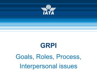 GRPI
Goals, Roles, Process,
Interpersonal issues
 