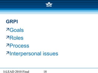 I-LEAD 2010 Final 18
GRPI
Goals
Roles
Process
Interpersonal issues
 