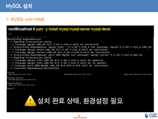 19 
- Internal Use Only - 
설치 완료 상태, 환경설정 필요 
MySQL 설치 
root@lcoalhost # yum –y install mysql mysql-server mysql-devel 
… 
MySQL yum install  