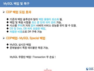 66 
- Internal Use Only - 
MySQL 백업 및 복구 
기존의 백업 솔루션과 달리 백업 용량이 최소화 됨. 
백업 및 복원 시점을 최소 분 단위 까지 관리 가능. 
시스템 부하가 거의 없어 서버의 서비스 성능을 유지 할 수 있음. 
OS 및 Data, DB 까지 포함한 백업. 
저렴한 비용으로 DR 구축 가능 
CDP 백업 도입 효과 
MySQL 실시간 백업 
문제발생시 특정 테이블만 복원 가능. MySQL 무중단 백업 ! Transaction 무 손실 ! 
CDP백업- MySQL Special 백업 
 