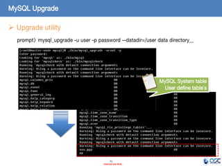 71 
- Internal Use Only - 
MySQL Upgrade 
Upgrade utility 
prompt> mysql_upgrade -u user -p password --datadir=/user data directory... 
MySQL System table User define table`s  