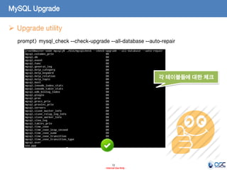 72 
- Internal Use Only - 
MySQL Upgrade 
Upgrade utility 
prompt> mysql_check --check-upgrade --all-database --auto-repair 
각 테이블들에 대한 체크  