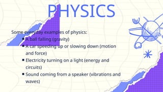 PHYSICS
Some everyday examples of physics:
￭ A ball falling (gravity)
￭ A car speeding up or slowing down (motion
and force)
￭ Electricity turning on a light (energy and
circuits)
￭ Sound coming from a speaker (vibrations and
waves)
 
