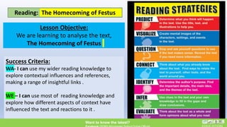 Reading: The Homecoming of Festus
Lesson Objective:
We are learning to analyse the text,
The Homecoming of Festus
Success Criteria:
WA- I can use my wider reading knowledge to
explore contextual influences and references,
making a range of insightful links .
WE – I can use most of reading knowledge and
explore how different aspects of context have
influenced the text and reactions to it .
Want to know the latest?
 