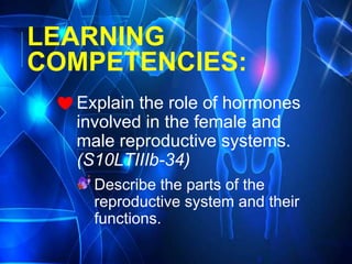 LEARNING
COMPETENCIES:
Explain the role of hormones
involved in the female and
male reproductive systems.
(S10LTIIIb-34)
Describe the parts of the
reproductive system and their
functions.
 