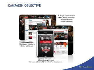 CAMPAIGN OBJECTIVE

                                                              2. Deeper communication
                                                              of the ‘There’ messaging:
                                                                  Bespoke Microsite
                                                                  Driving downloads




        1. Mass awareness:
      High Impact branding &
        Driving to Microsite




                                3. Downloading the app:
                    Co-branded Smirnoff & TimeOut iPhone application
 