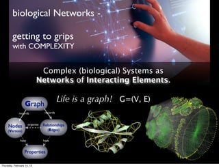 biological Networks -

         getting to grips
         with COMPLEXITY


                             Complex (biological) Systems as
                            Networks of Interacting Elements.


                   Graph
                                            Life is a graph! G=(V, E)
              records             records



     Nodes            organize   Relationships
     (Vertices)                     (Edges)

               have              have


                  Properties

Thursday, February 14, 13
 