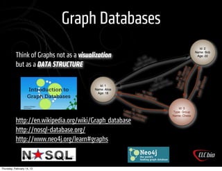 Graph Databases
           Think of Graphs not as a visualization
           but as a DATA STRUCTURE




           http://en.wikipedia.org/wiki/Graph_database
           http://nosql-database.org/
           http://www.neo4j.org/learn#graphs


Thursday, February 14, 13
 