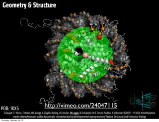 Geometry & Structure




PDB: 1KX5                                   http://vimeo.com/24047115
   S.Daujat, T. Weiss, F.Mohn, U.C.Lange, C.Ziegler-Birling, U.Zeissler, M.Lappe, D.Schubeler, M.E.Torres-Padilla, R.Schneider (2009). "H3K64 trimethylation
             marks heterochromatin and is dynamically remodeled during developmental reprogramming" Nature Structural and Molecular Biology
Thursday, February 14, 13
 