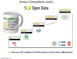 http://5stardata.info/

                                     5★ Open Data




                  ★ make your stuff available on the Web (whatever format) under an Open License

Thursday, February 14, 13
 