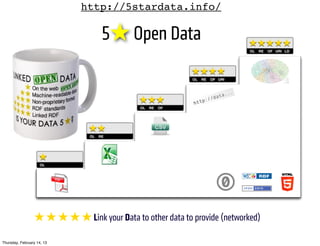 http://5stardata.info/

                                    5★ Open Data




                  ★ ★ ★ ★ ★ Link your Data to other data to provide (networked)

Thursday, February 14, 13
 