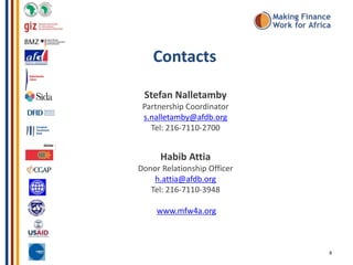 Contacts
Stefan Nalletamby
Partnership Coordinator
s.nalletamby@afdb.org
Tel: 216-7110-2700

Habib Attia
Donor Relationship Officer
h.attia@afdb.org
Tel: 216-7110-3948
www.mfw4a.org

8

 