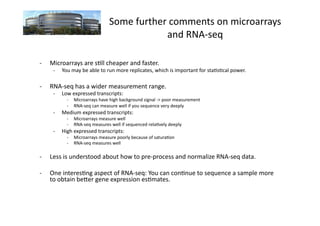Some	
  further	
  comments	
  on	
  microarrays	
  
                                                               and	
  RNA-­‐seq	
  

-­‐    Microarrays	
  are	
  s7ll	
  cheaper	
  and	
  faster.	
  
        -­‐    You	
  may	
  be	
  able	
  to	
  run	
  more	
  replicates,	
  which	
  is	
  important	
  for	
  sta7s7cal	
  power.	
  	
  

-­‐    RNA-­‐seq	
  has	
  a	
  wider	
  measurement	
  range.	
  
        -­‐    Low	
  expressed	
  transcripts:	
  
                  -­‐  Microarrays	
  have	
  high	
  background	
  signal	
  -­‐>	
  poor	
  measurement	
  
                  -­‐  RNA-­‐seq	
  can	
  measure	
  well	
  if	
  you	
  sequence	
  very	
  deeply	
  
        -­‐    Medium	
  expressed	
  transcripts:	
  
                  -­‐  Microarrays	
  measure	
  well	
  
                  -­‐  RNA-­‐seq	
  measures	
  well	
  if	
  sequenced	
  rela7vely	
  deeply	
  
        -­‐    High	
  expressed	
  transcripts:	
  
                  -­‐  Microarrays	
  measure	
  poorly	
  because	
  of	
  satura7on	
  
                  -­‐  RNA-­‐seq	
  measures	
  well	
  

-­‐    Less	
  is	
  understood	
  about	
  how	
  to	
  pre-­‐process	
  and	
  normalize	
  RNA-­‐seq	
  data.	
  

-­‐    One	
  interes7ng	
  aspect	
  of	
  RNA-­‐seq:	
  You	
  can	
  con7nue	
  to	
  sequence	
  a	
  sample	
  more	
  
       to	
  obtain	
  beUer	
  gene	
  expression	
  es7mates.	
  
 