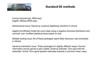 Standard	
  DE	
  methods	
  


Limma (microarrays, RNA-seq)
edgeR, DESeq (RNA-seq)

Distributional issue: Solved by variance stabilizing transform in limma

edgeR and DESeq model the count data using a negative binomial distribution and
use their own modified statistical tests based on that.

Multiple testing issue: All of these packages report false discovery rate (corrected
p values).

Variance estimation issue: These packages (in slightly different ways) “borrow”
information across genes to get a better variance estimate. One says that the
estimates “shrink” from gene-specific estimates towards a common mean value.
 