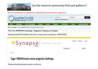 Can	
  the	
  research	
  community	
  ﬁnd	
  such	
  paUerns?	
  

On-­‐line	
  predic7on	
  compe77ons,	
  objec7vely	
  scored	
  by	
  the	
  organizers	
  




Diagnosing	
  MS	
  (mul/ple	
  sclerosis),	
  lung	
  cancer,	
  psoriasis,	
  COPD	
  (KOL)	
  




Prognos/ca/ng	
  breast	
  cancer	
  outcome	
  
 