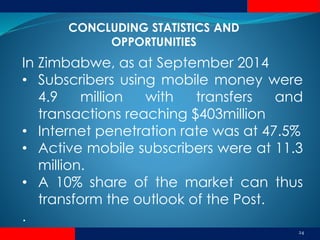 24
In Zimbabwe, as at September 2014
• Subscribers using mobile money were
4.9 million with transfers and
transactions reaching $403million
• Internet penetration rate was at 47.5%
• Active mobile subscribers were at 11.3
million.
• A 10% share of the market can thus
transform the outlook of the Post.
.
CONCLUDING STATISTICS AND
OPPORTUNITIES
 