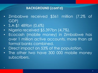 BACKGROUND (cont’d)
4
• Zimbabwe received $361 million (7.2% of
GDP)
• S.A-$1 489bn (0.6%)
• Nigeria received $5.397bn (4.7%).
• Ecocash (mobile money) in Zimbabwe has
over 1 million active accounts, more than all
formal banks combined.
• Direct impact on 53% of the population.
• The other two have 300 000 mobile money
subscribers.
.
 