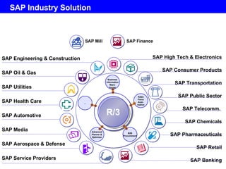 SAP Industry Solution SAP Engineering & Construction SAP Oil & Gas SAP Utilities SAP Health Care SAP Automotive SAP Media SAP Aerospace & Defense SAP Service Providers SAP High Tech & Electronics SAP Consumer Products SAP Transportation SAP Public Sector SAP Telecomm.  SAP Chemicals SAP Pharmaceuticals SAP Retail SAP Banking ... Business Information Ware- house Sales Force Auto- mation B2B Procurement Advanced Planner & Optimizer R/3 SAP Finance SAP Mill 