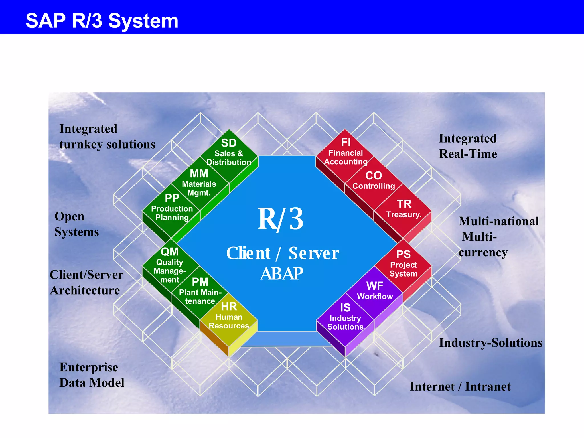 SAP R/3 System R/3 Client / Server ABAP Integrated turnkey solutions  Open   Systems Client/Server Architecture Enterprise  Data   Model Integrated  Real-Time Multi-national  Multi-currency Industry-Solutions Internet / Intranet FI Financial Accounting CO Controlling TR Treasury. PS Project System SD Sales & Distribution MM Materials Mgmt. PP Production Planning QM Quality Manage-ment PM Plant Main-tenance HR Human Resources WF Workflow IS Industry Solutions 