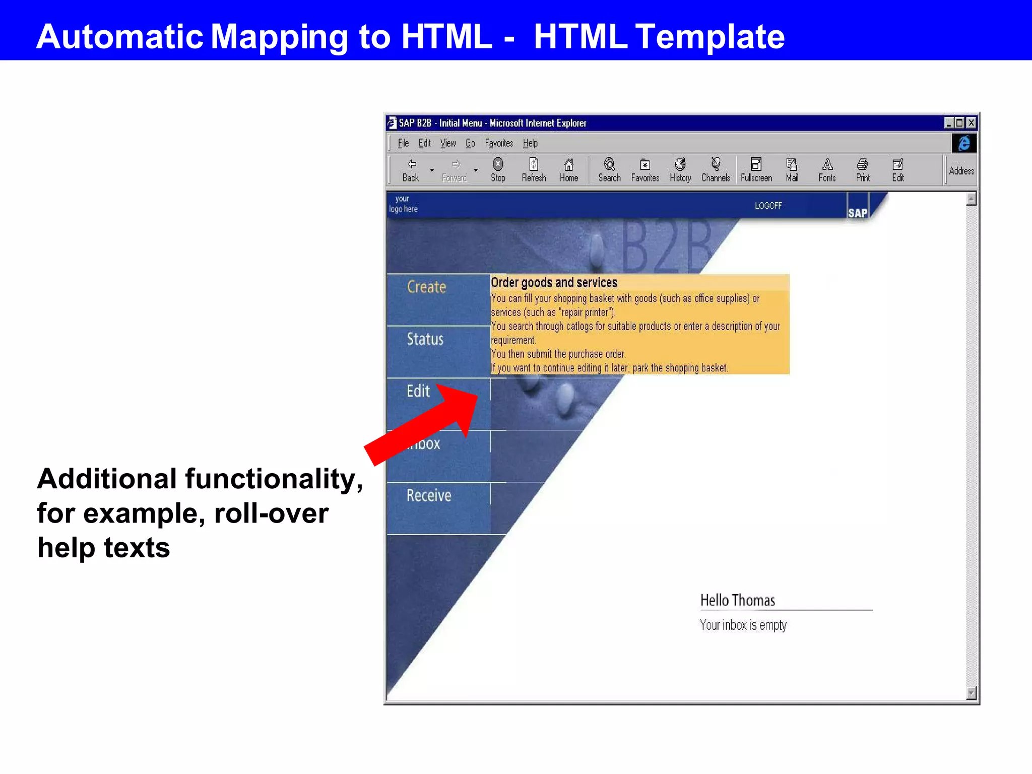 Automatic Mapping to HTML -  HTML Template Additional functionality, for example, roll-over help texts 